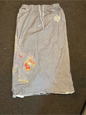 Gray Drawstring Midi Skirt with Tiger Print